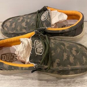 Hey Dude boys CamoDino Slip-On Loafers with Orange Lining
